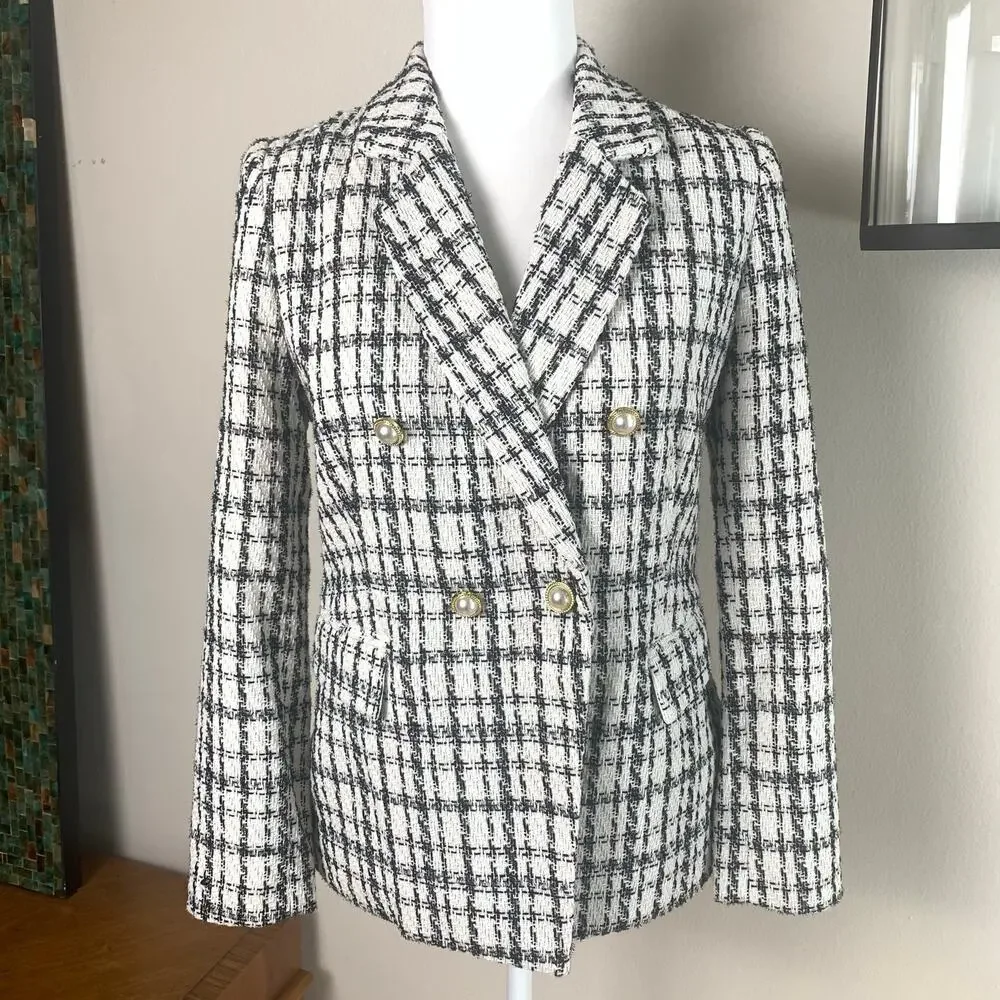 NEW Nanette Lepore Size 4 Double Breasted Tweed Blazer Jacket Plaid Career Work_2